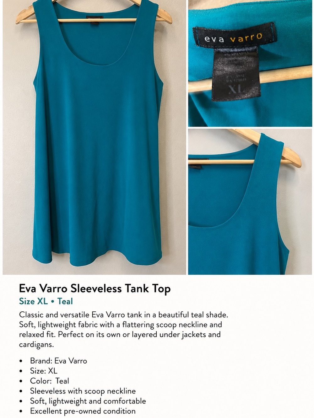 Eva Varro Teal Sleeveless Scoop Neck Tunic Tank Top XL Made in USA